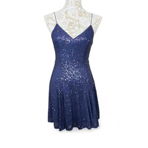 Lulu's Navy Blue Sequined Holiday Cocktail Mini Dress Size Small Glam New Years